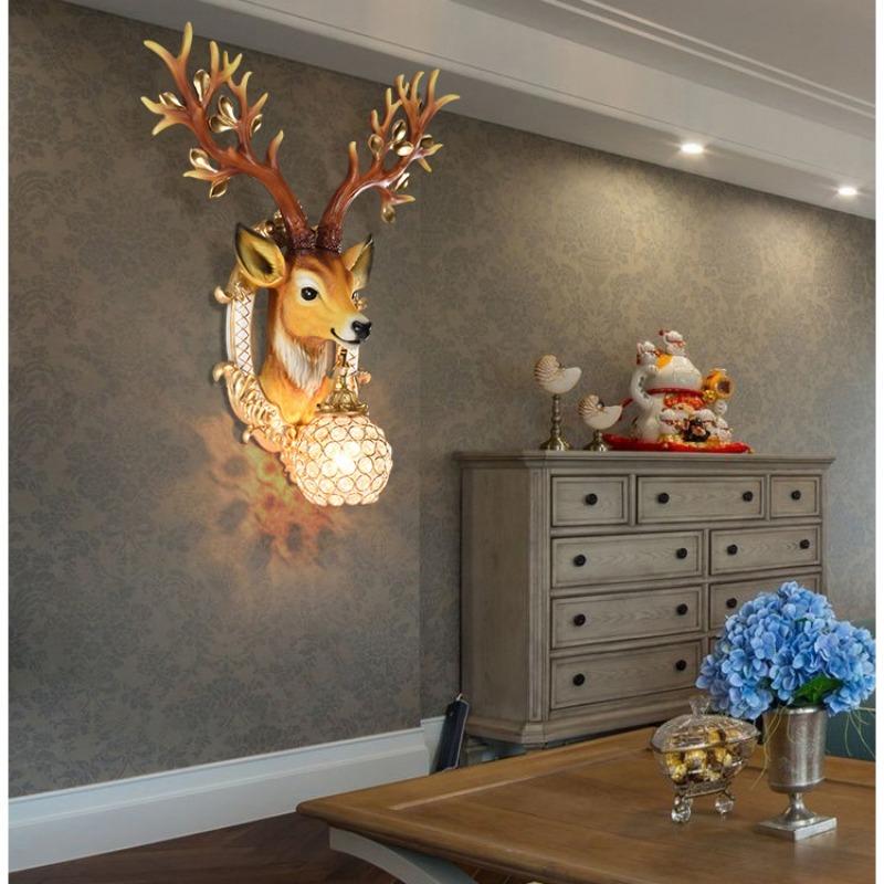 Vintage Wall Lamp Creative Deer Head Living Room Wall Hanging Lamp Bedroom Hallway Crystal Lamp
