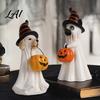 Resin Pumpkin Figures Halloween Ghost Dog Figurine Wizard Hat Statue Cute Tabletop Decor Indoor Haunted House Supplies for Entryway Bar Window