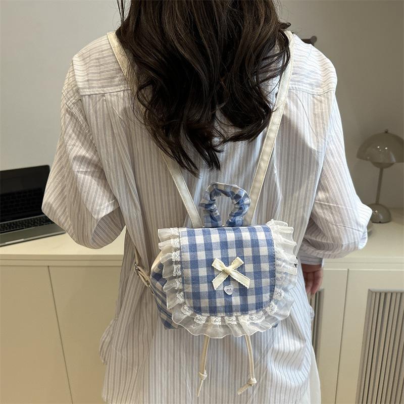 1Pcs Large Capacity Bow Shoulder Bag Multi Functional Korean Style Lace Plaid Backpack Travel Canvas Backpack Book Bag
