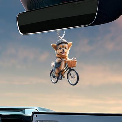 Yousheng Christmas Ornament Funny Bicycle Dog Pendant Acrylic 2D Cartoon Animal Hanging Decoration for Xmas Tree Home Car Decor
