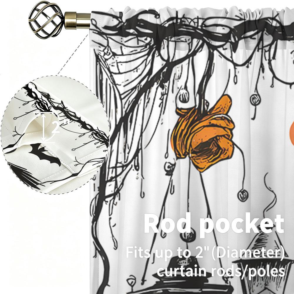 2Pcs Vintage Halloween Castle Pumpkin Scarecrow Bat Rod Pocket Curtains Double Panel Window Curtain Bedroom Living Room Hallo