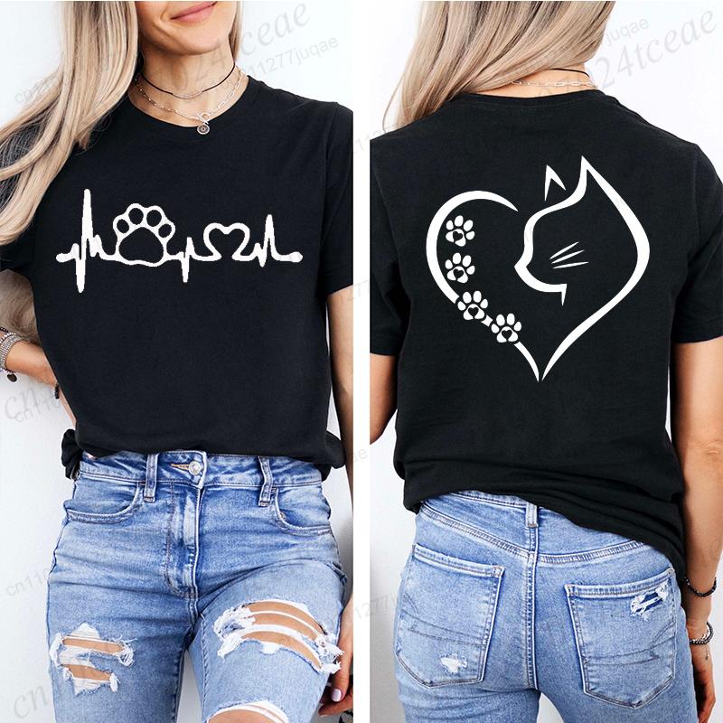 Cat Heart Women Print Tshirt Girl Short Sleeve Crew Neck TShirts Casual Top for Summer  Spring Cat Lover Womens Clothing