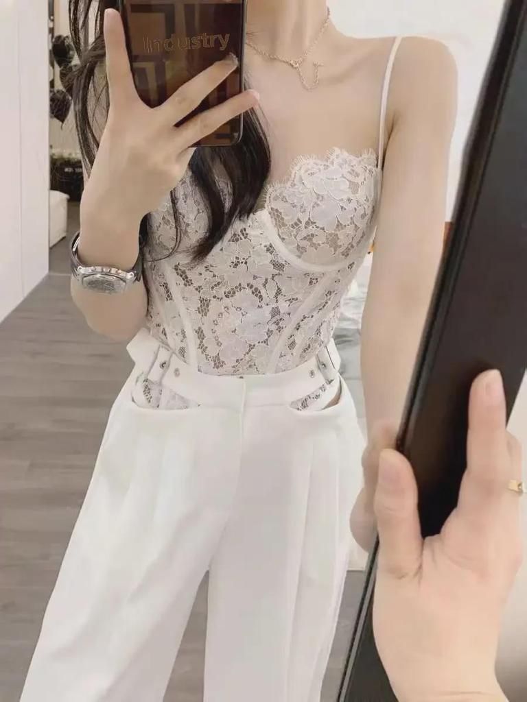 Thirteen Lines 2024 Spring/Summer Black & White Lace Tube Suspender Top