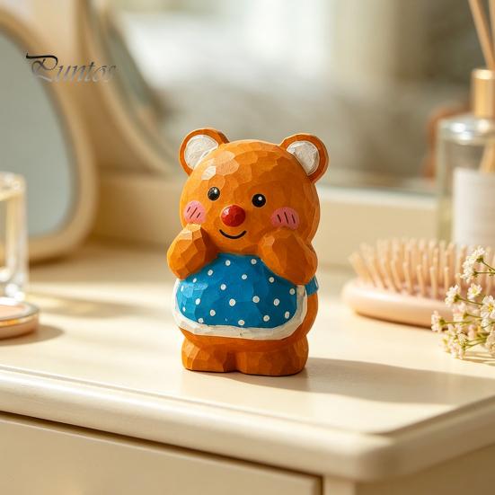 Hand Carved Basswood Bear Ornament Hand-Carved Ornament, Cute Apron Wood Decorative Figurine, Handcrafted Figure Statue for Desktop Shelf And