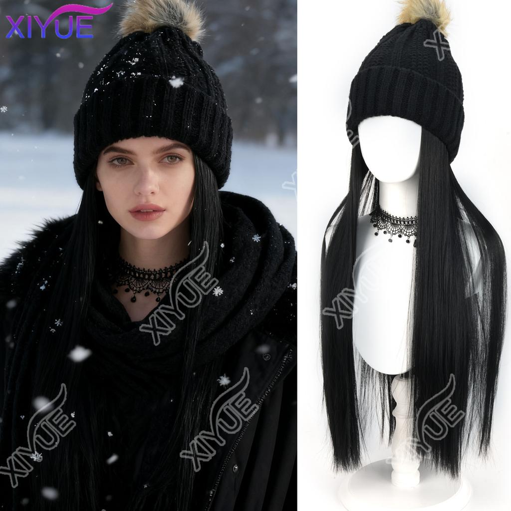 XIYUE Long Synthetic Straight Dark Brown Wigs with Hat Cap Adjustable Hair Wig with Hats for Ladies and Girls Daily Winter Wear