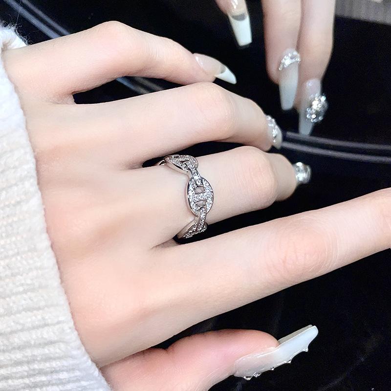 Pig Nose Bamboo Stacked Ring Full Of Diamonds Zircon French Niche Design Sense Light Luxury High Sense Open Ring Woman