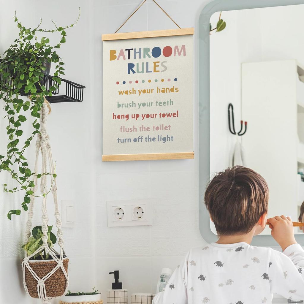 Ryeolo Kids Bathroom Wooden Poster Hanger Frame 12.5x17 Inch, Rules Wall Art Decor for Toddler Boy Girl, Colorful Decor