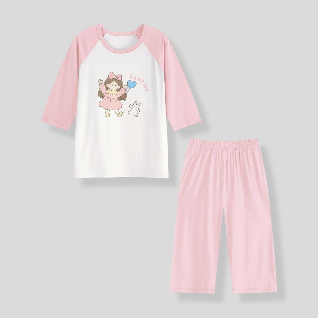 Girls' Air-Conditioned Pajama Set: 7-Point Sleeve & Pants, Ages 2-15, Sizes 80-160cm, Breathable Summer Sleepwear