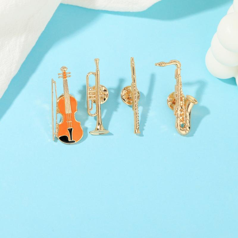 1Pcs Symphony Orchestra Badge Funny Musical Instruments Enamel Brooches Trumpet Clarinet Saxophone Violin Shaped Golden Pins
