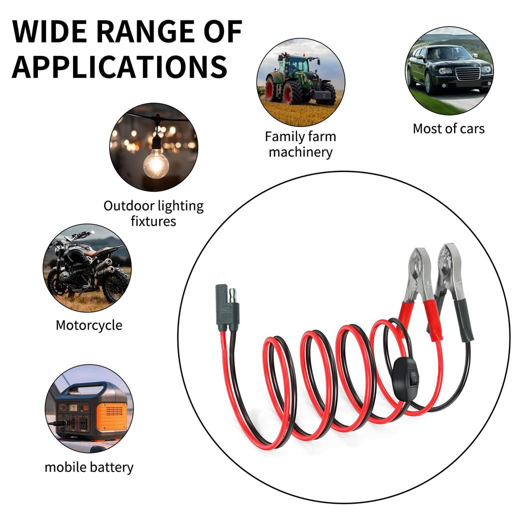 8FT/2.5M 16AWG SAE To Alligator Clips Wire Harness With OnOff Switch, 12 Volt Quick Disconnect Extension Cord Alligator Clips For Lawn And Garden