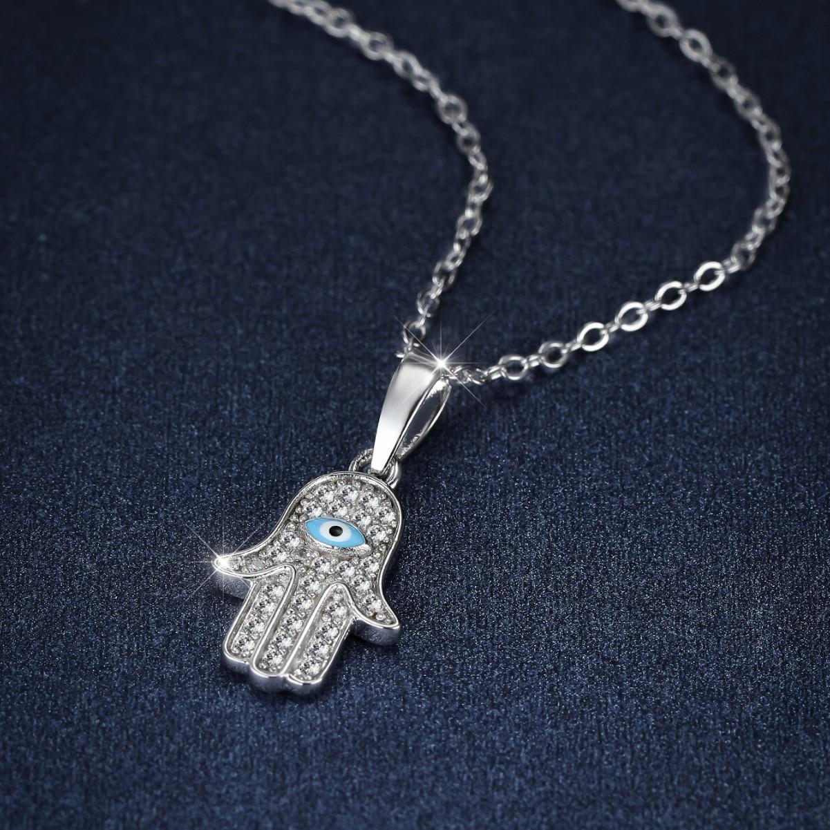 

Fatima s Hand Palms Full Diamond Blue Eyes Necklace Full Diamond Pendant Design Sense Clavicle Chain Trendy Jewelry серебряный