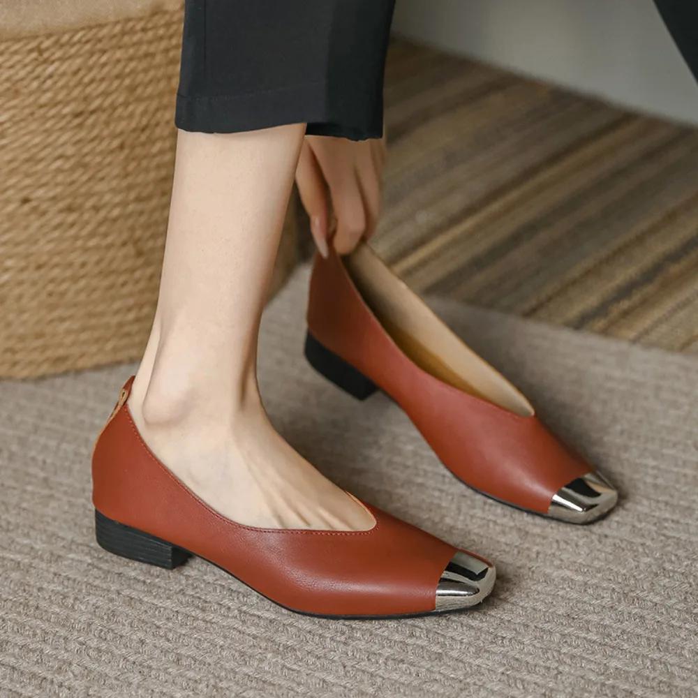 Ladies Shoes New Metal Square Head Single Shoes Women's Genuine Leather Flat Shoes Zapatos Mujer