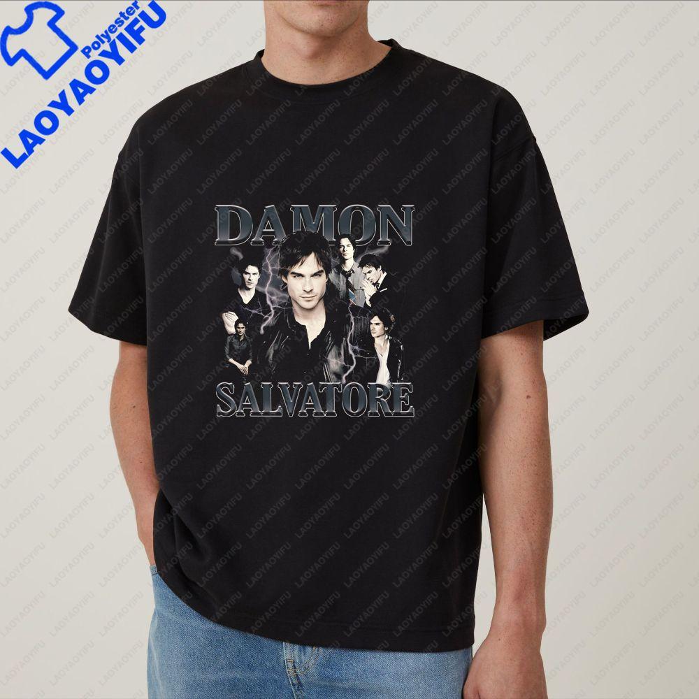Damon Salvatore Retro Replica Style Unisex Streetwear ShortSleeved TShirt for Both Unisex and WoUnisex with Round Neck