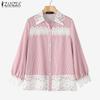 ZANZEA Women Casual Lace Patchwork Loose Long Sleeve Stripe Blouse