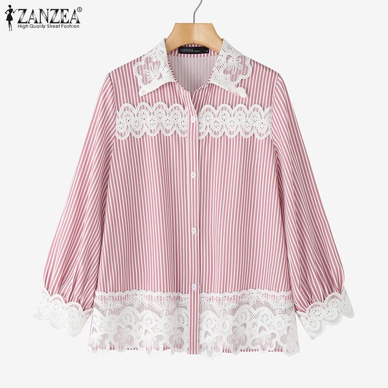 ZANZEA Women Casual Lace Patchwork Loose Long Sleeve Stripe Blouse