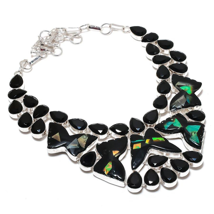 Natural Black Onyx, Spinel 925 Sterling Silver Jewelry Necklace 18" N5c50
