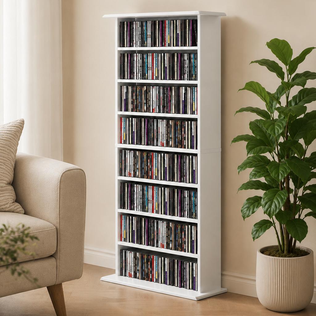 Narrow Media Cabinet, 8 Levels, 6 Adjustable Shelves, 8 Compartments, for 360 CDs, White