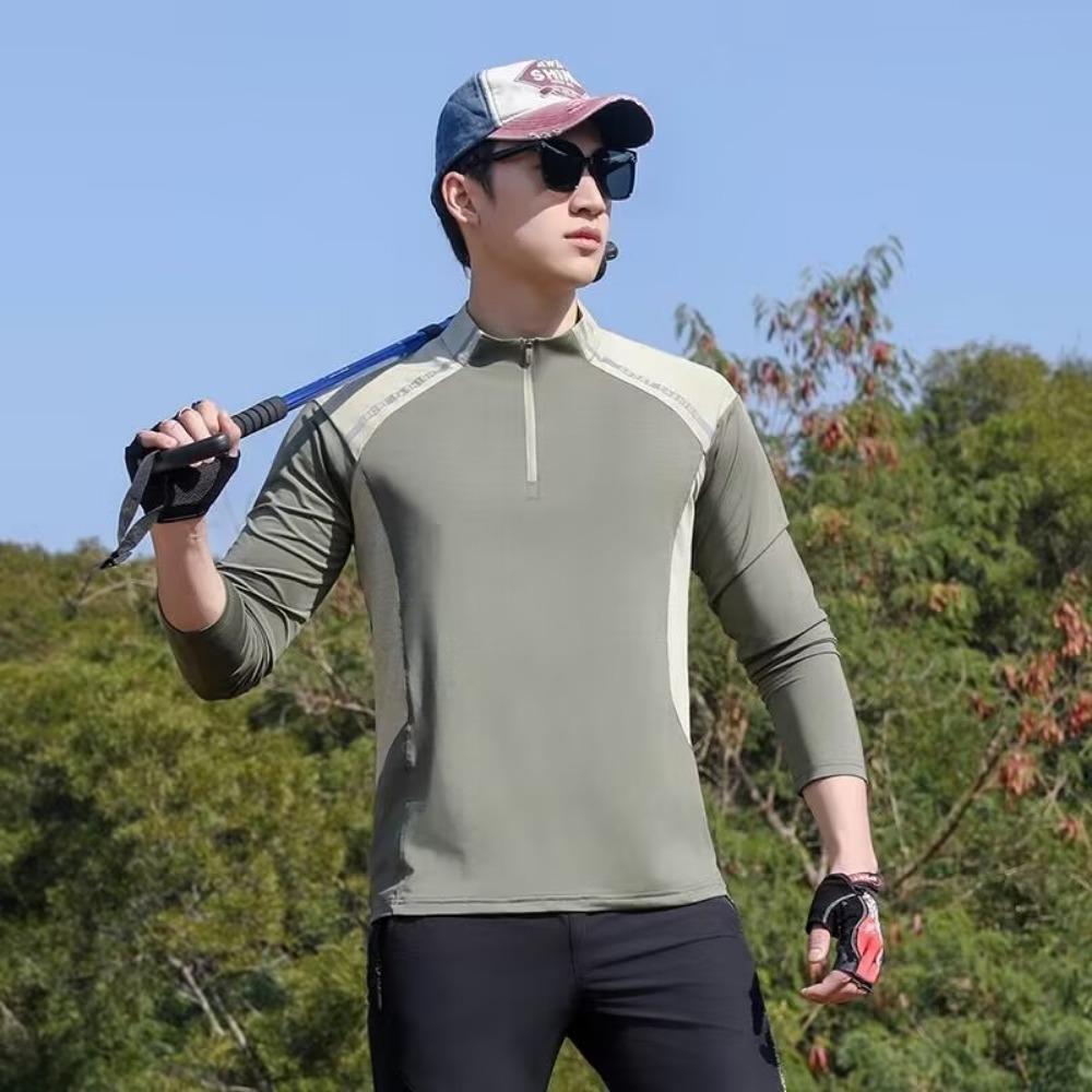 

Мужская футболка для активного отдыха, быстросохнущая, для альпинизма, эластичная, дышащая, со стойкой, на половину молнии, осенний топ с длинным рукавом L зелёный