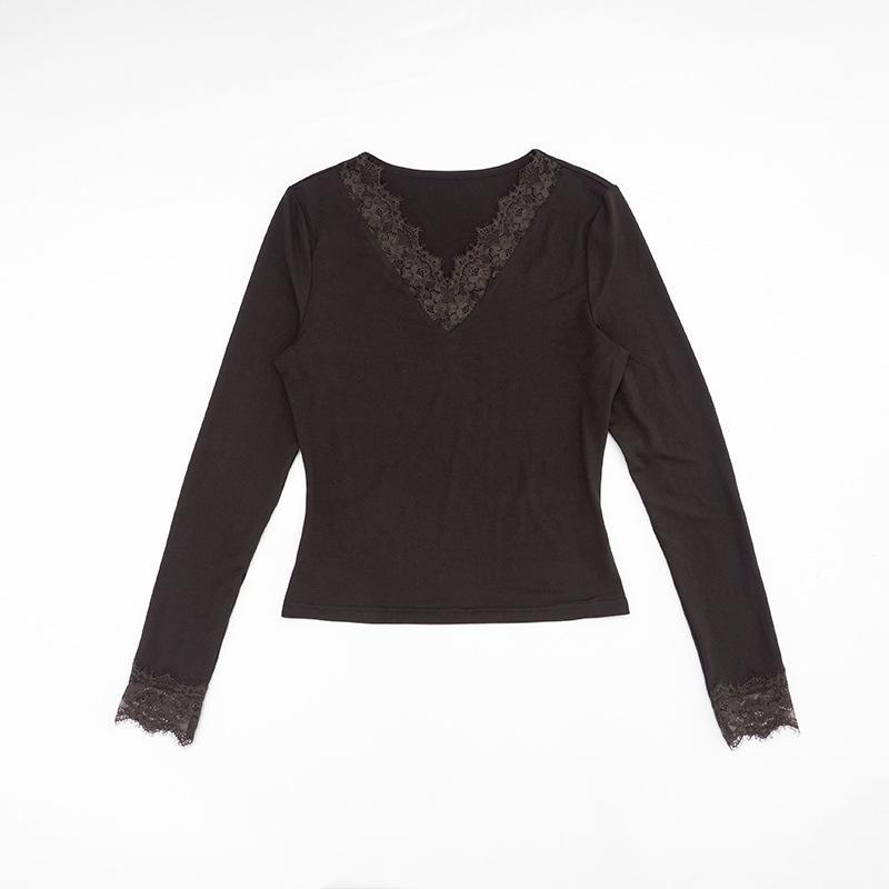 Damen V-Ausschnitt Spitze Patchwork Oberteil Europäischer Amerikanischer Stil Herbst Neu Taille Freigelegt Nabel Modische Lässige Kleidung