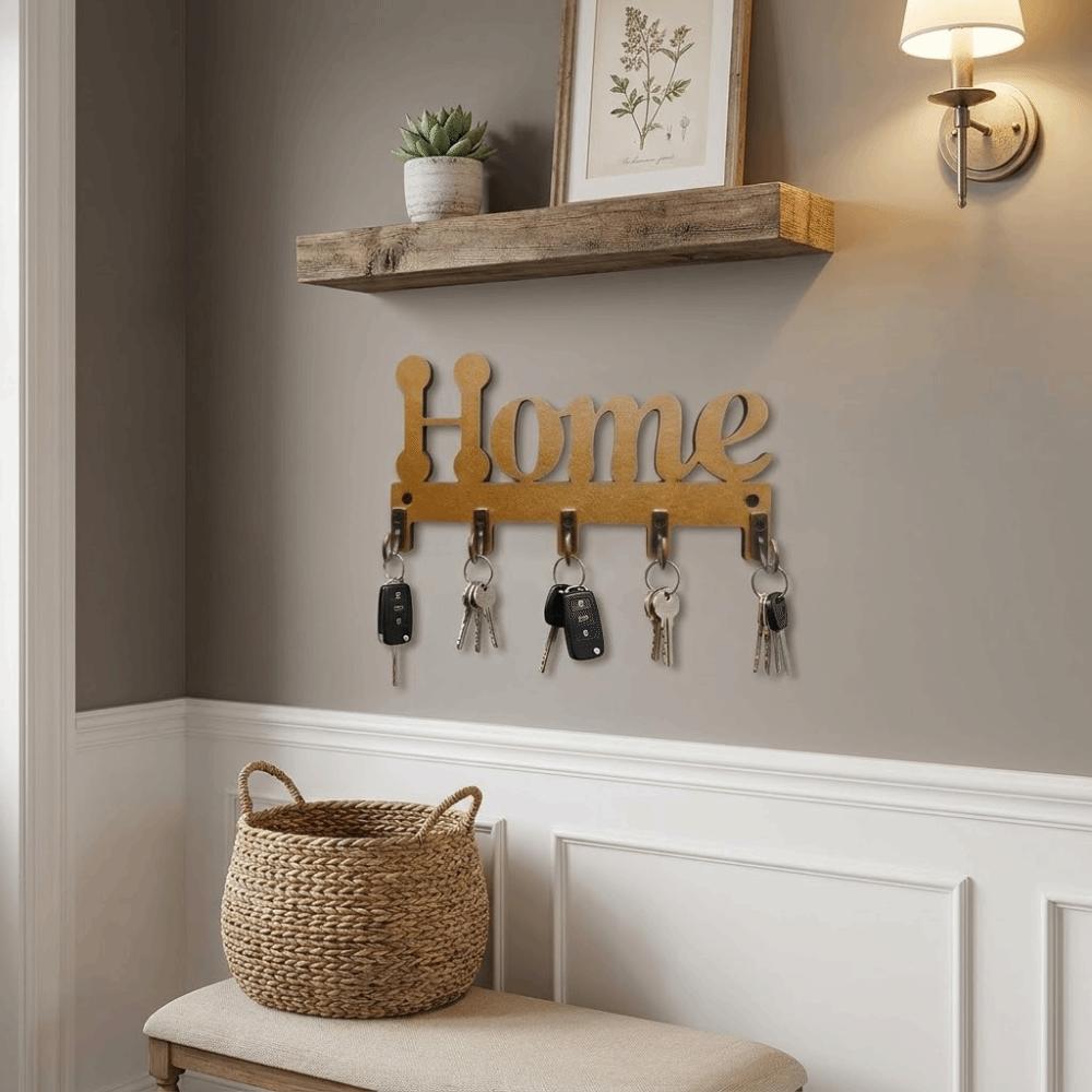 Farmhouse 5-Hook Wooden Key Hook Vintage Multi-functional Key and Accessory Hanger Rustic Key Storage Rack Office