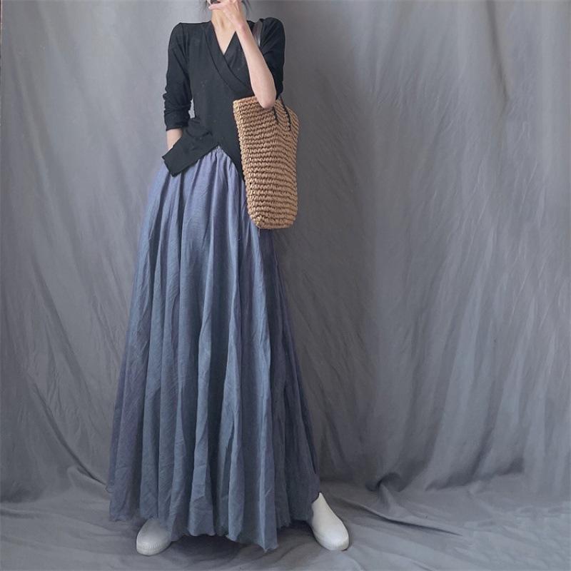 Minimalistická bavlněná a lněná super dlouhá splývavá sukně Elastický vysoký pas Velký rozmach Dlouhá sukně Pohádková cestovní fotografická sukně Žena