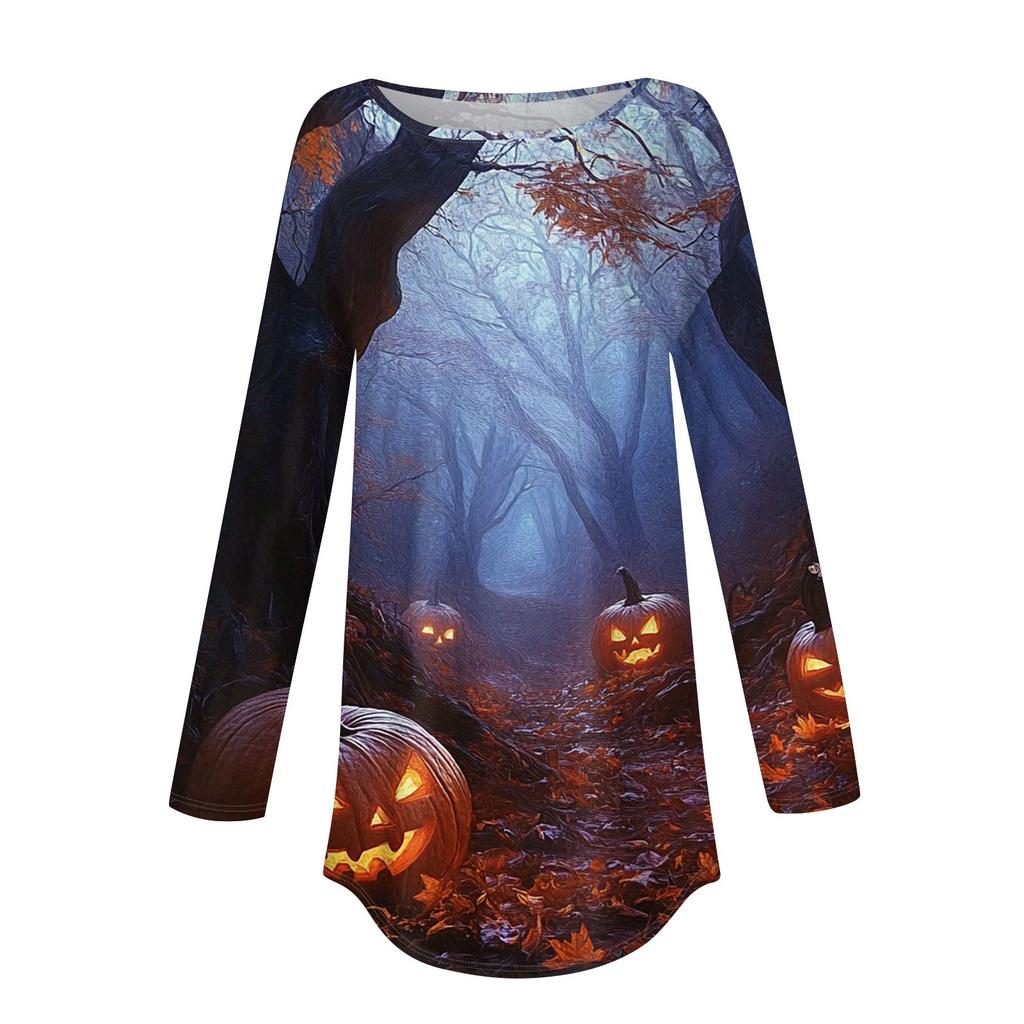 Women's Fashion Loose Round Neck Halloween Printed Long Sleeve T-Shirt Top Pullover