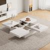 Table Basse Carrée Blanche Moderne Aspect Marbre, 90 x 90 x 25 cm – Quatre Tiroirs, Plateau Coulissant, Capacité de Charge jusqu'à 30 kg