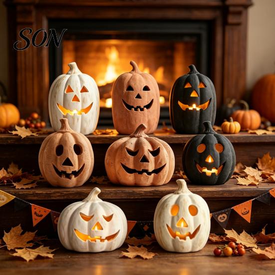 Festliche Tischdekorationen Halloween Kürbis Kerzenhalter, Harz Laterne Teelichthalter mit für Zuhause Geschnitztes Gesicht Herbst Bauernhaus Kaminsims Dekoration