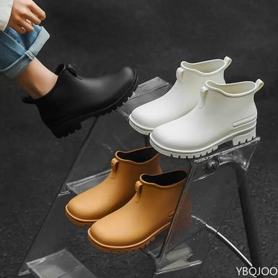 Low Cut Couple Rain Shoes Ladies Thick Soled Non Slip Rubber Shoes Round Toe Solid Color Footwear Fashion Women's Rain Boots