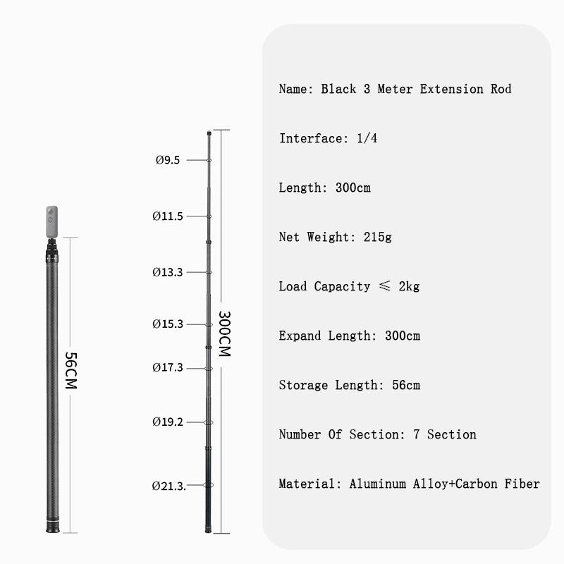 For Insta360 X5 X4 X3 X2 3m Long Carbon Fiber Extended Selfie Stick Scalable Monopod Stick Tripod for GoPro DJI Action Camera 7