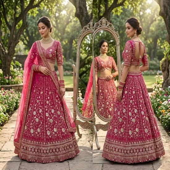 Women's Bridal Embroidered Semi-Stitched Lehenga Choli Set with Net Dupatta & Zari Work
