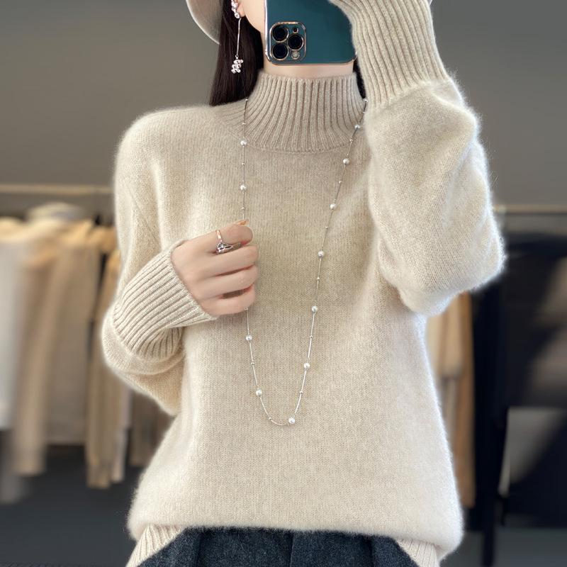 Women's Cashmere Wool Pullover: Half-High Neck, Loose Fit, Korean Style Knit Base Layer for Autumn/Winter