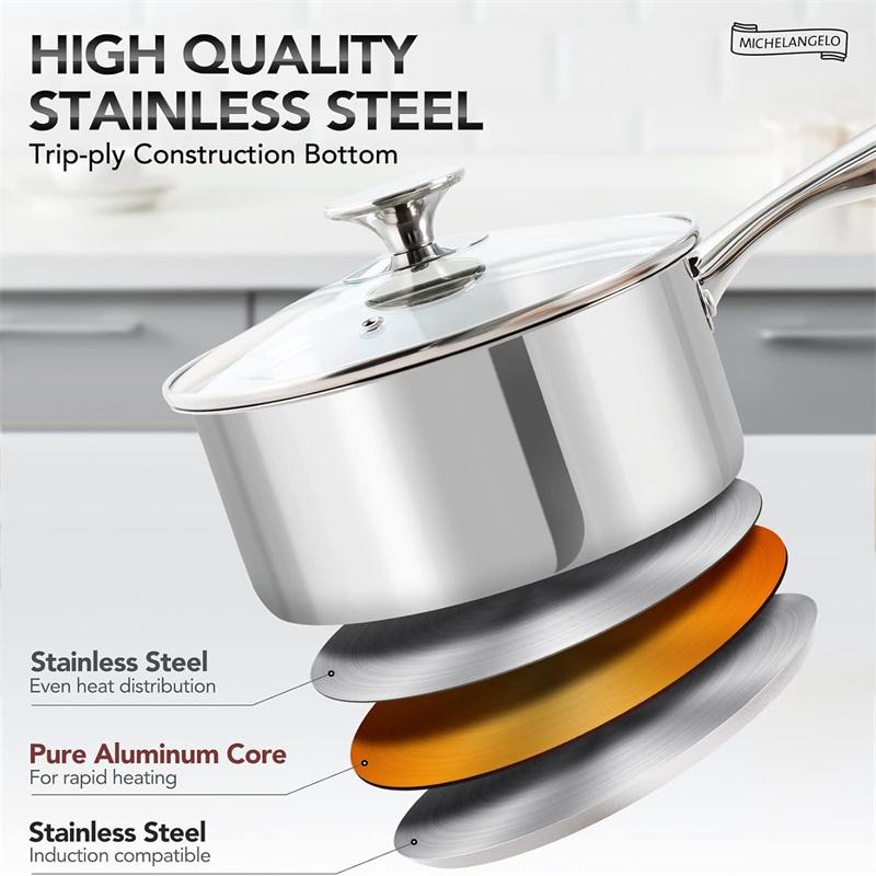MICHELANGELO 3 Quart Saucepan with Glass Lid Stainless Steel Stew Pot Thick Bottom Stock Pots Induction Nonstick Sauce Pot