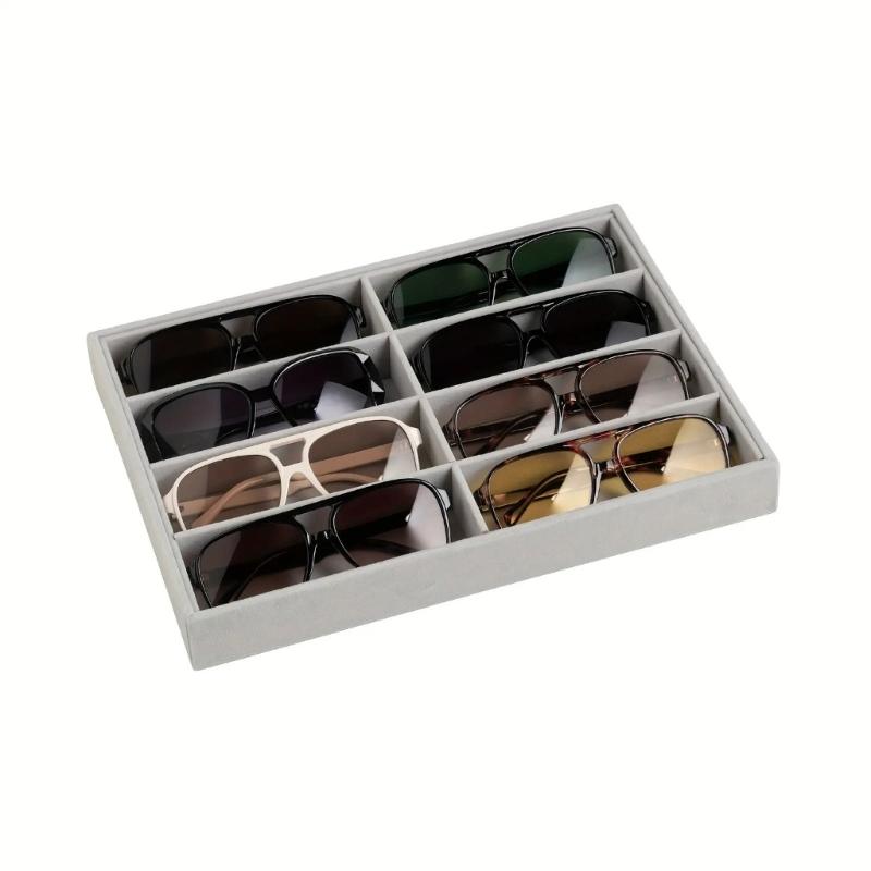 Open Glasses Storage Tray with 8 Separate Compartments, Single-Level Fabric-Covered Layout for Visible Eyewear Storage