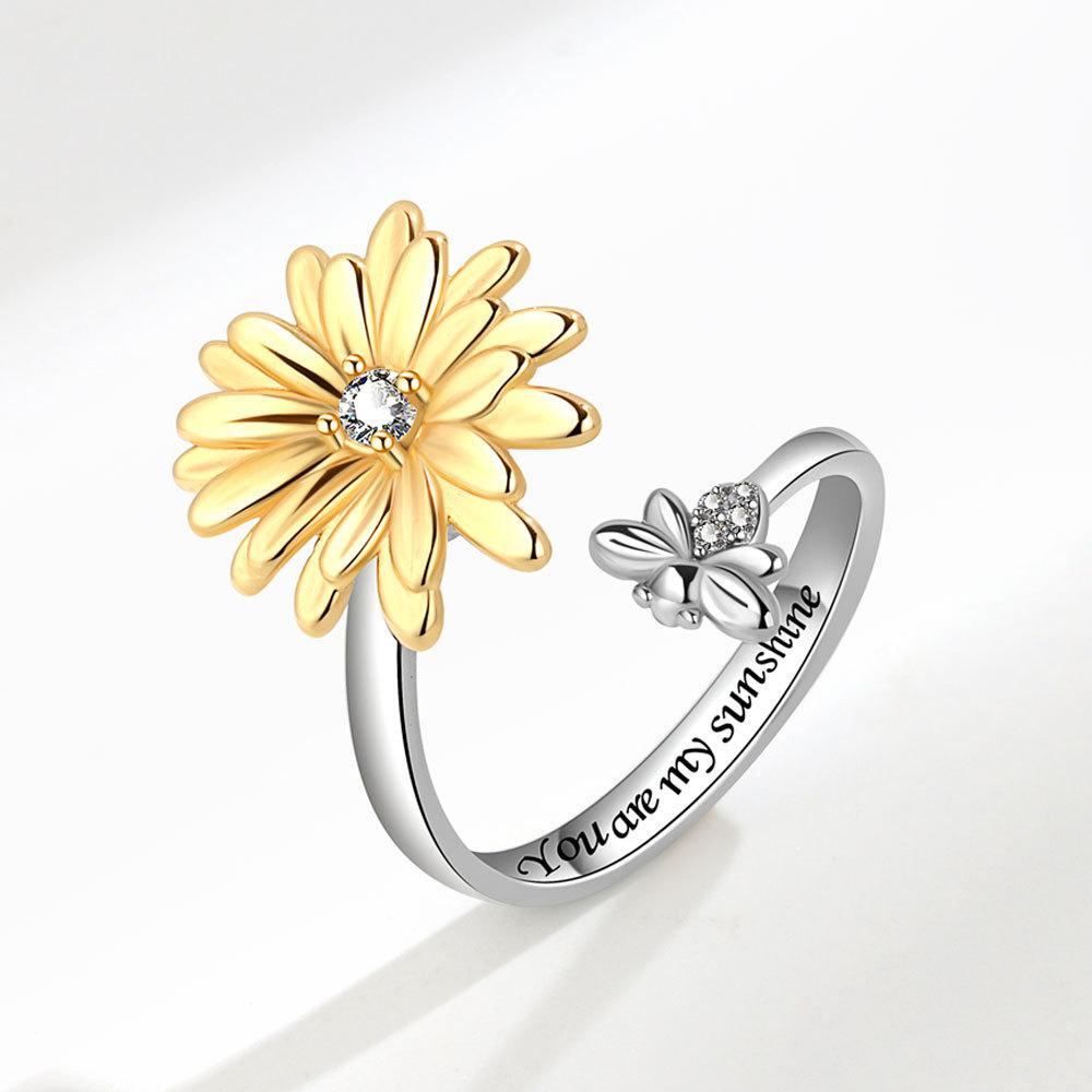 Anneaux Spinner Tourniquet Tournesol Cristal Brillant et Abeille Pour Femmes Anti Anxiété Contrôle Anti Stress Anneau Rotatif Cadeau Filles