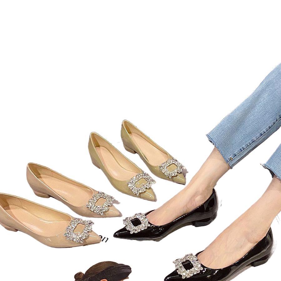 French temperament nude single shoes women's autumn and winter 2025 new light mouth patent leather low heel rhinestone high heels are not tired