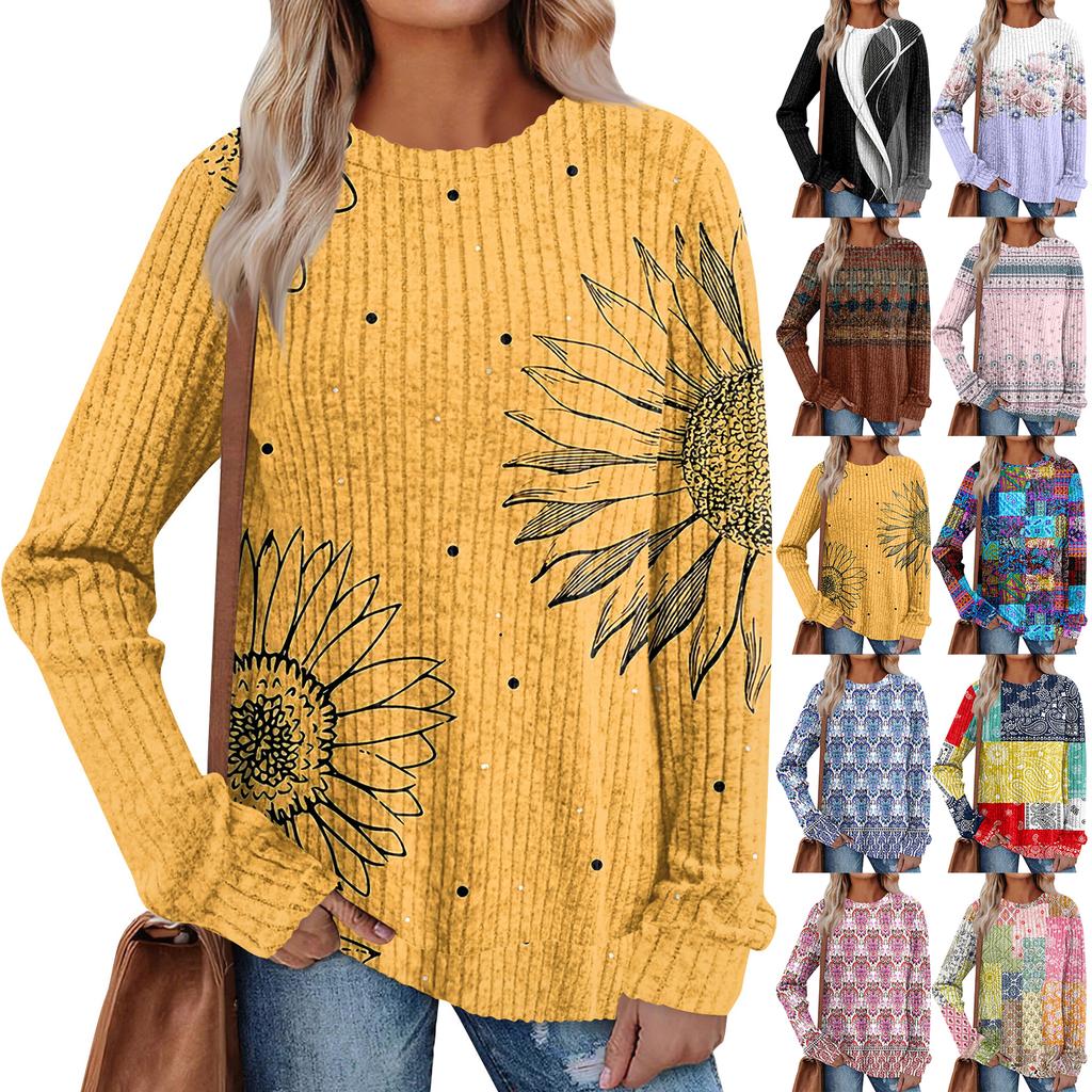 Women's Printed Lightweight Brushed-Cotton Round Neck Top