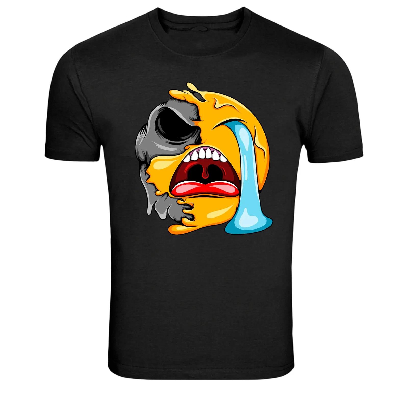 Half Skull Half Melting Crying Emoji Cartoon Graphic T-Shirt L