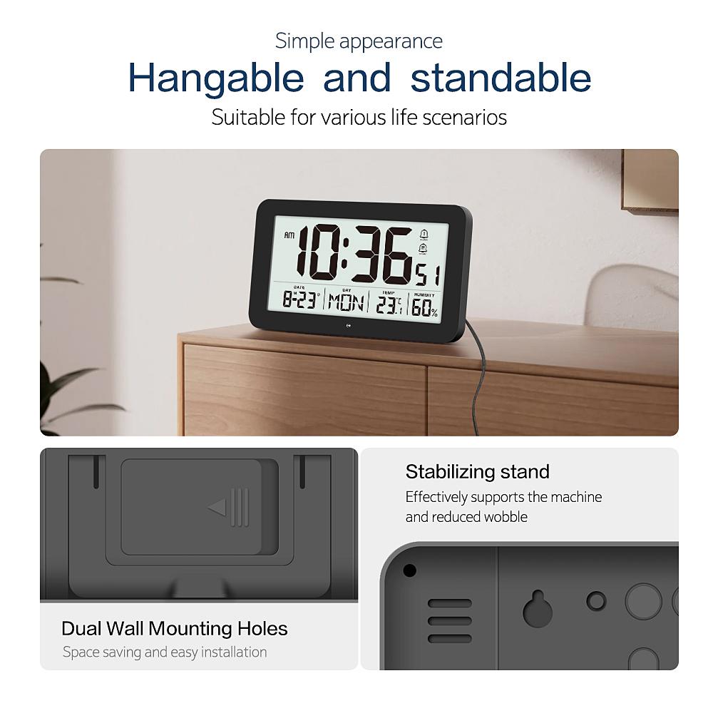 Battery Powered Digital Wall Clock TEMP Humidity Date Week 2 Alarm Night Vision 12/24H Auto Dimmable DST Snooze LCD Table Clock
