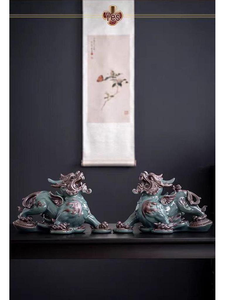 Chinese Ceramic Pixiu Tea Pet Pair - Home, Office, or Living Room Decor