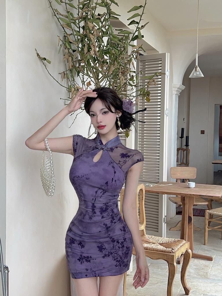 Summer new sexy celebrity mesh stitching lace hip-wrapped short bottom tight cheongsam dress women