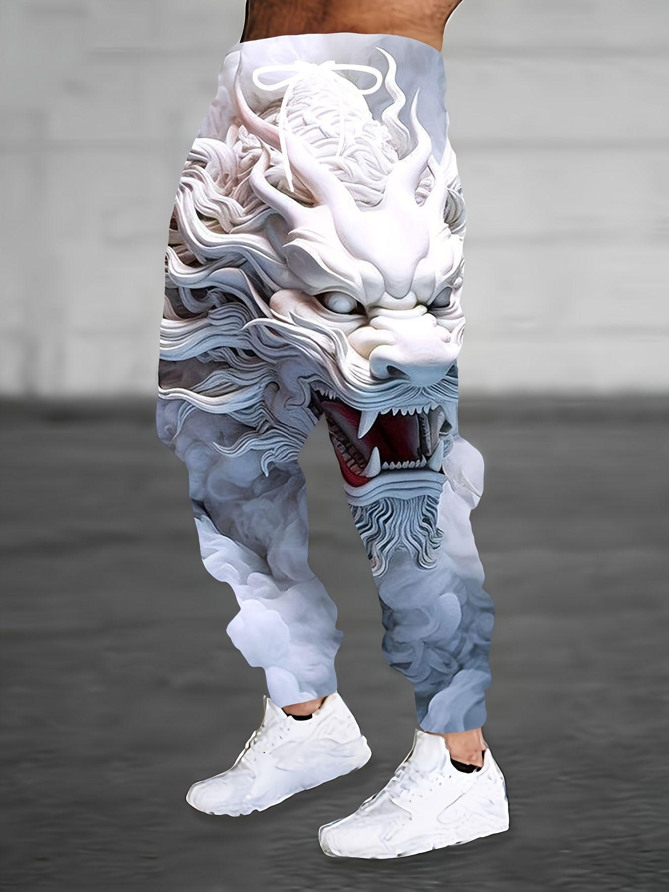 

Мужские брюки-джоггеры с принтом белого и серого китайского дракона, уличная повседневная одежда S