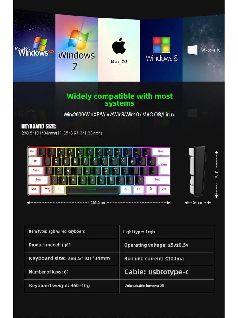 Wired RGB 61-Key Mini Gaming Keyboard - Compact, Mechanical Feel for Office and Portable Use