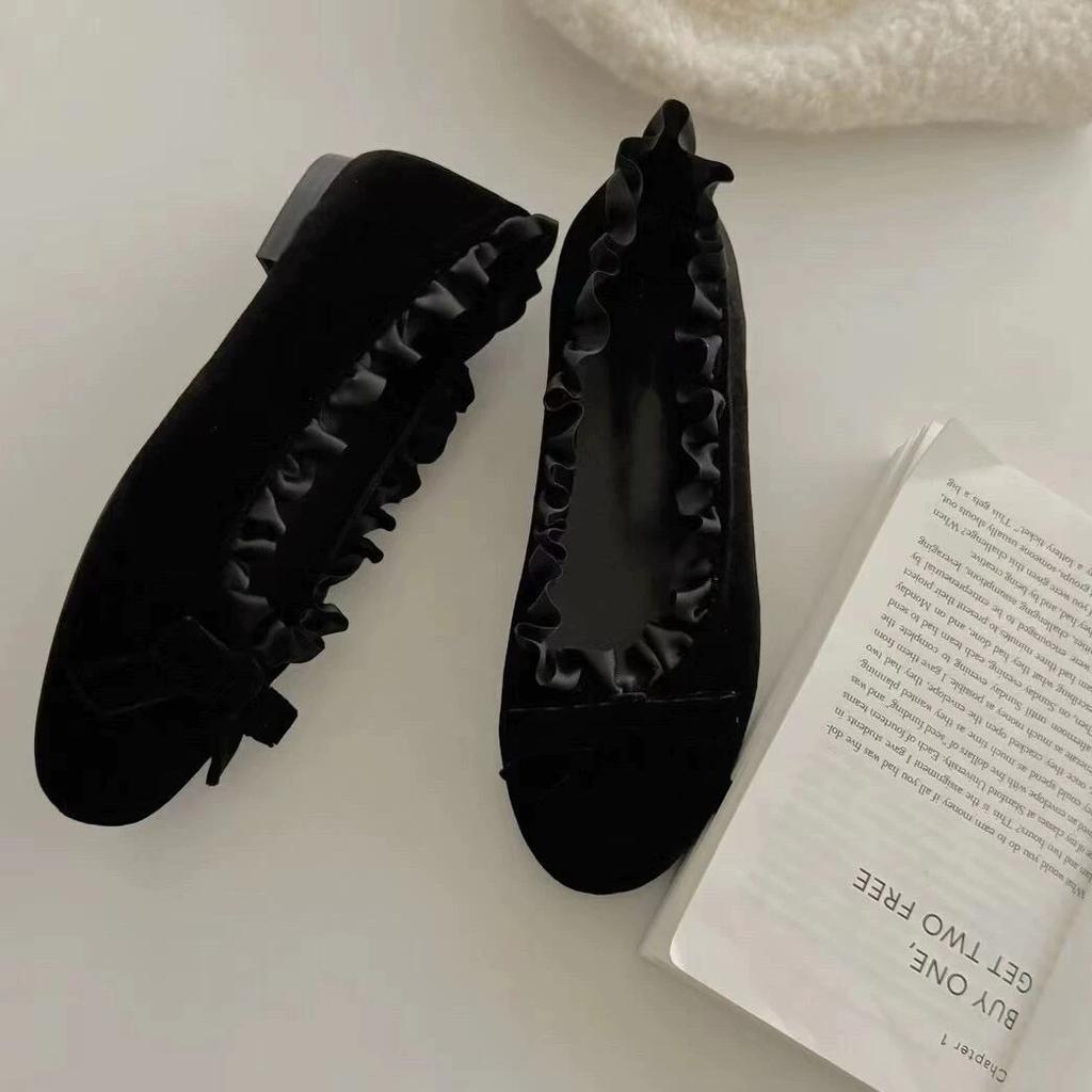 Leather Velvet Niche Pleated Lace Round Head Bow Shallow Mouth Flat Ballet Shoes Women's 2025 Spring Single Shoes