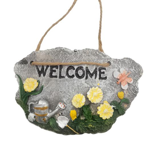 

Resin Garden Welcome Sign with Flowers Birds Decorative Outdoor Garden Stone Plaque with Hemp Rope for Rustic Yard Lawn Patio Home Decor A