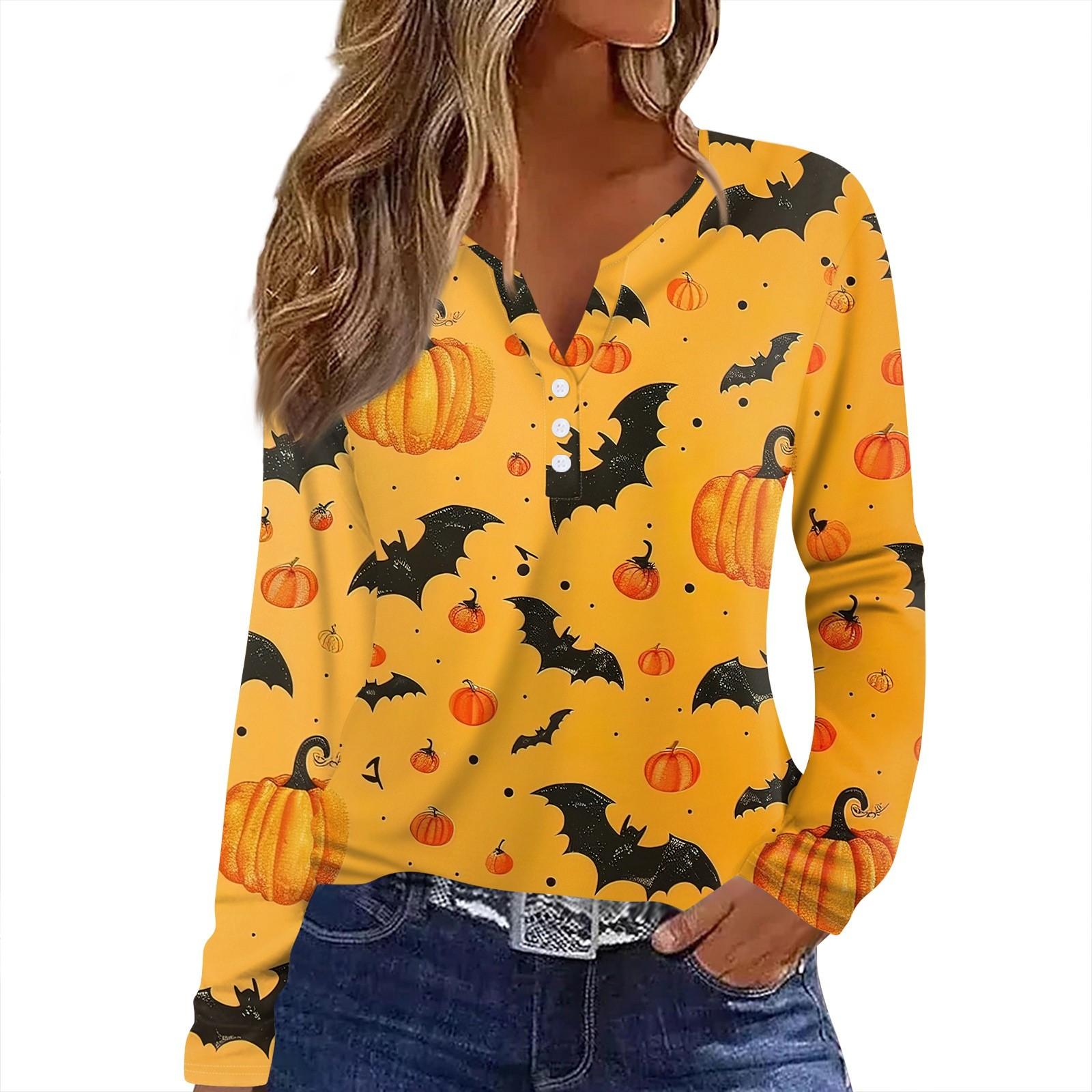 

Women s T Shirt Tee HAlloween Print Button Long Sleeve Daily Weekend Fashion Basic V- Neck Regular Top M жовтий