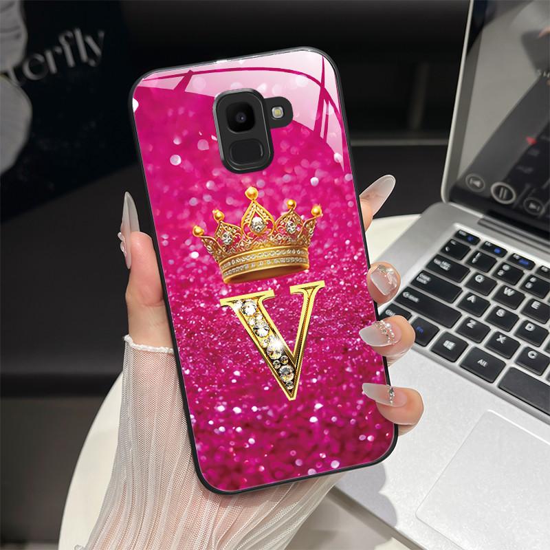 For Samsung Galaxy J6 2018 Case Fashion Letter Hard Tempered Glass Back Cover For Samsung J6 Plus J8 2018 Shockproof Phone Shell