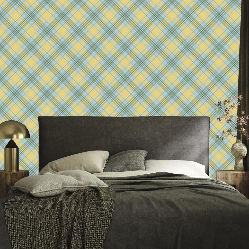 Yellow and blue checkered wallpaper, beige and yellow, for the living room and bedroom, 50x1000