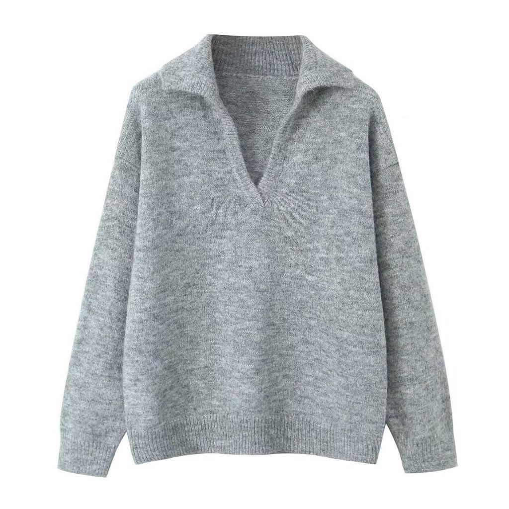 European and American Women's Fashion Simple Lapel Pullover Sweater
