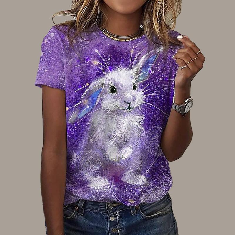Fashionable Women's Little White Rabbit Printed T-shirt Fun Casual O-neck Short Sleeve T-shirt Summer Women's T-shirt
